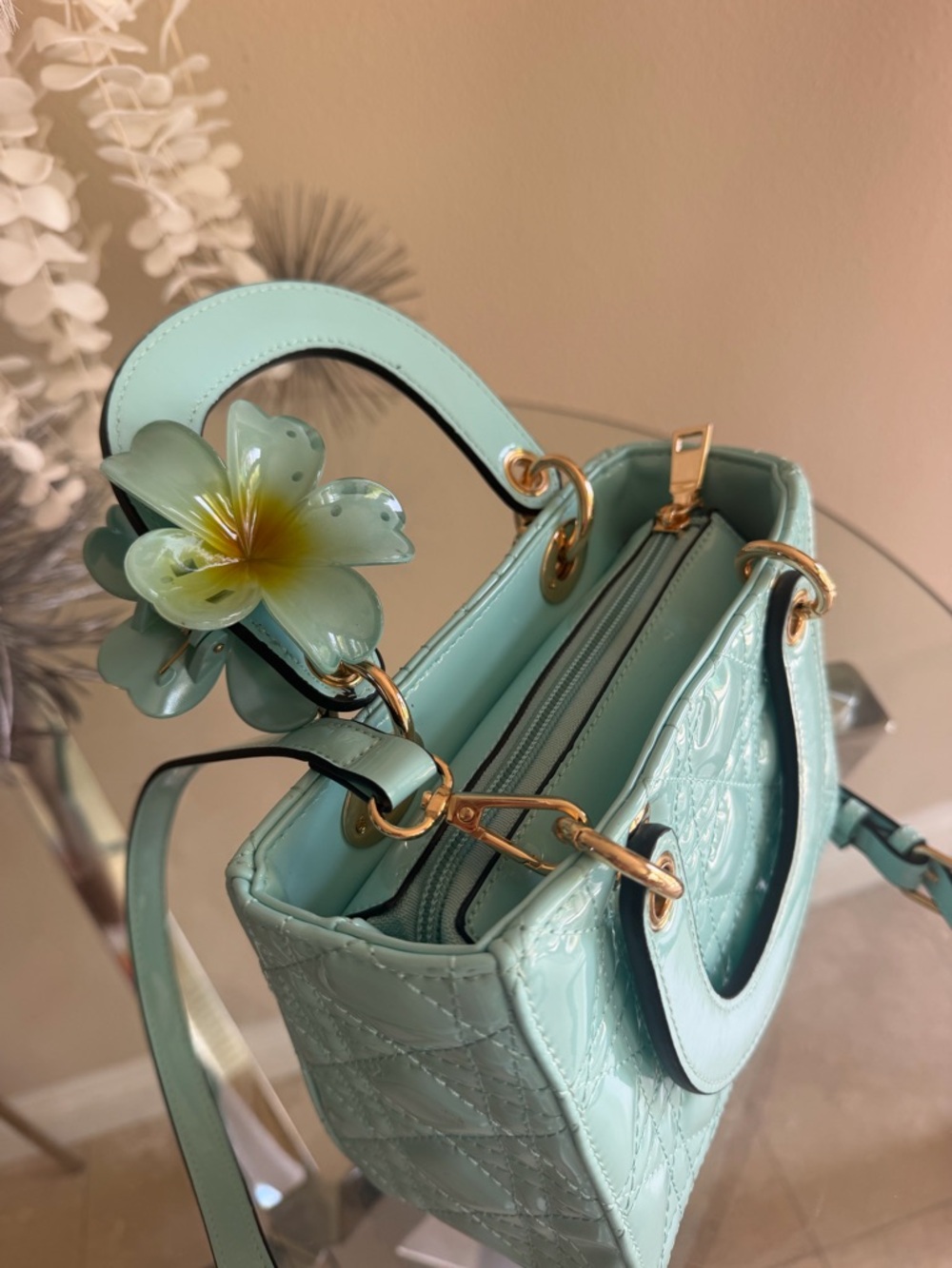 Aqua Patent Leather Quilted Top-Handle Bag with Gold Hardware - Picture 5 of 9